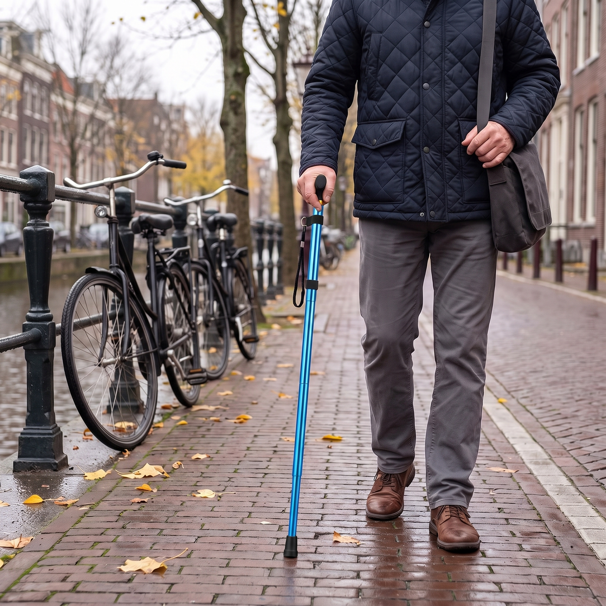 Opvouwbare wandelstok in hemelsblauw, in gebruik op een natte Nederlandse grachtenstraat in de herfst