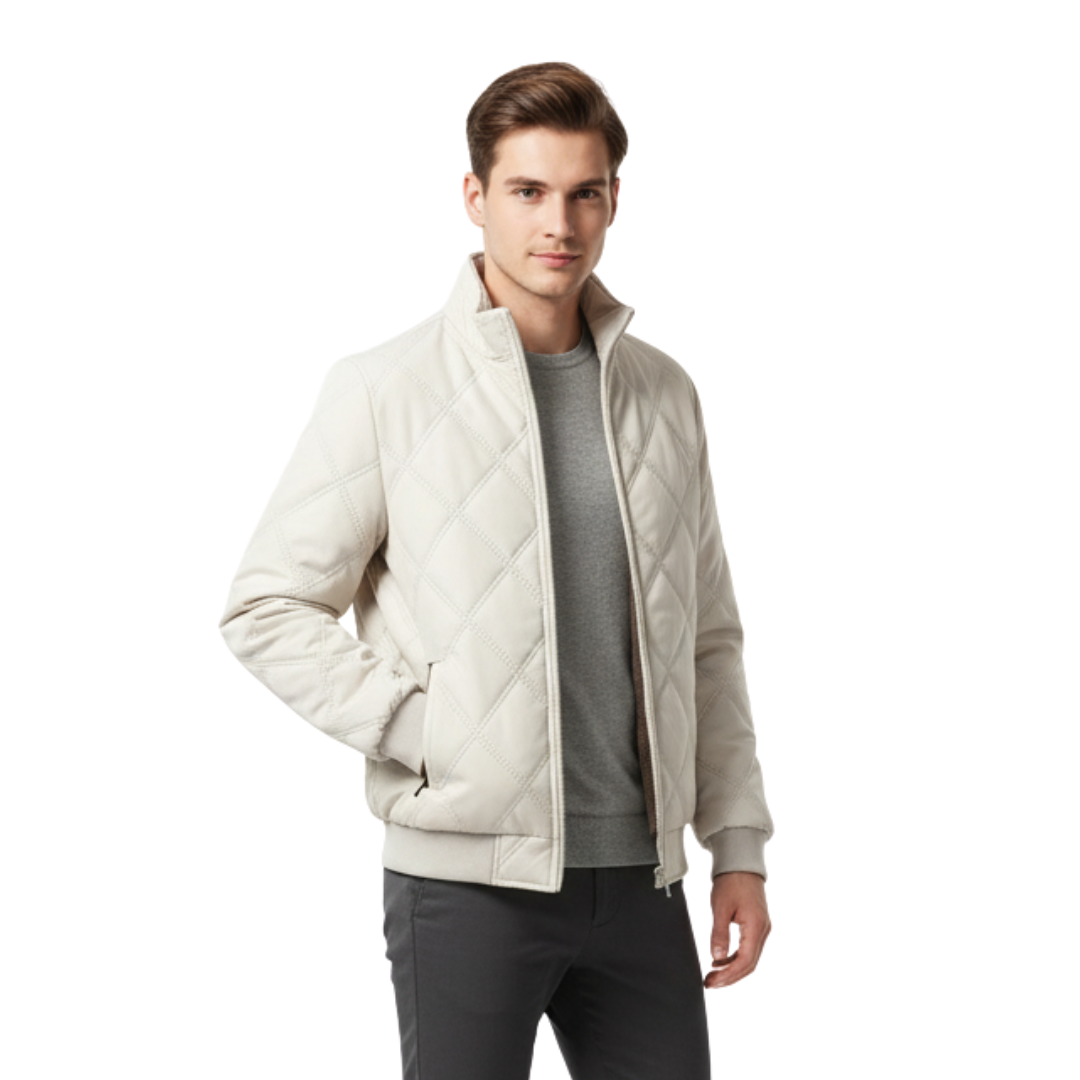 Gewatteerde heren jas, heuplang met ruitstiksel