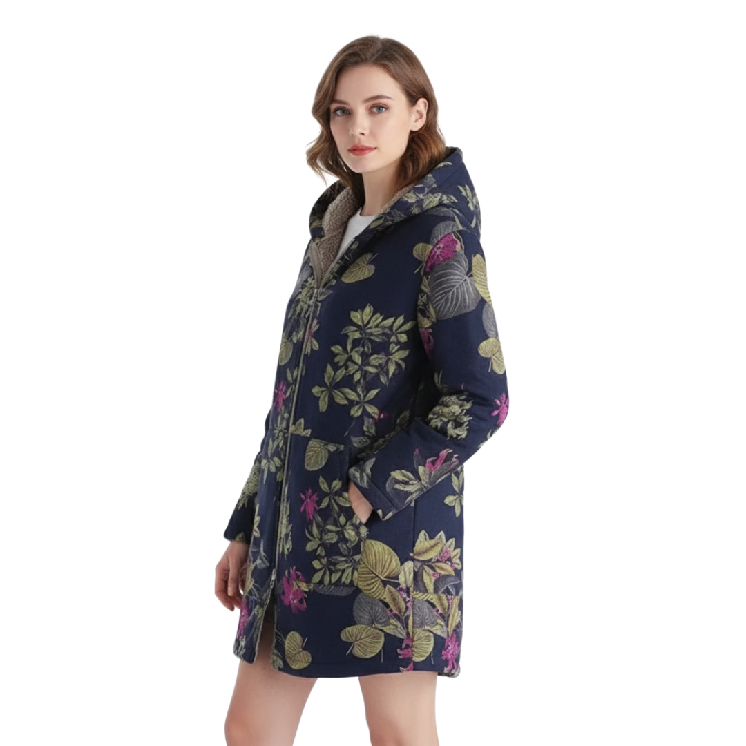 Lange winterjas dames met bloemenprint en capuchon