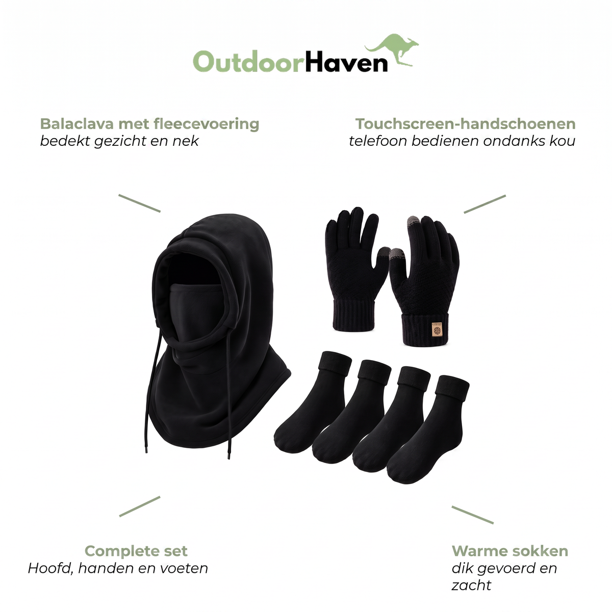 Bivakmuts Handschoenen Sokken Set - Fleece Gevoerd - 3-in-1
