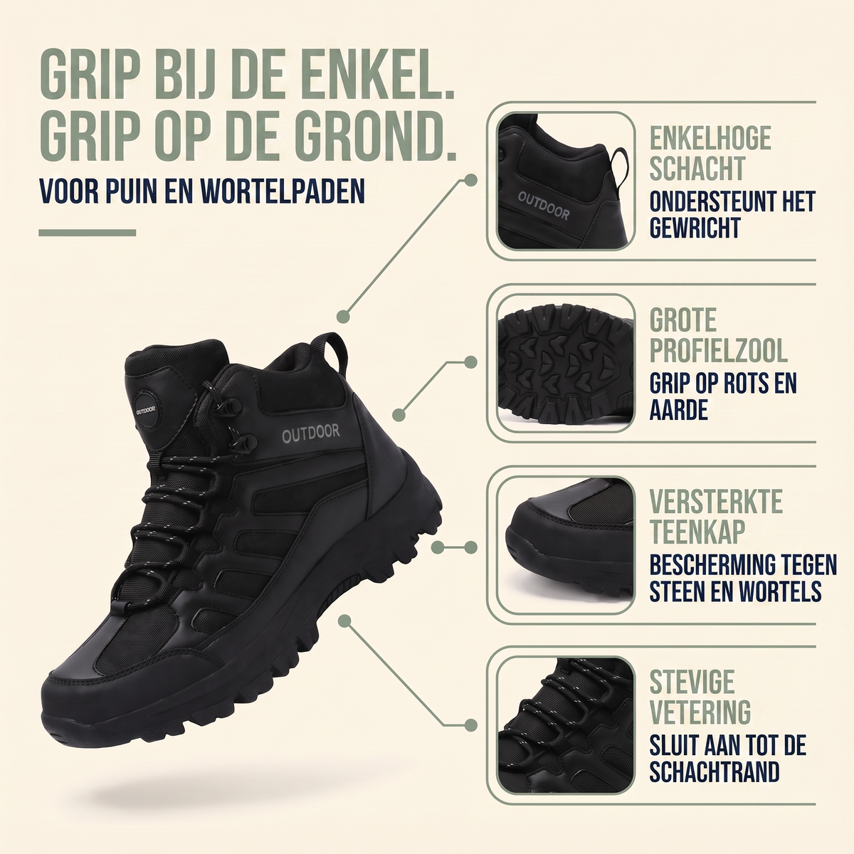 Wandelschoenen Heren Hoog - Zwart - Grove Profielzool