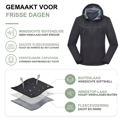 Softshell jas dames met capuchon en fleece voering