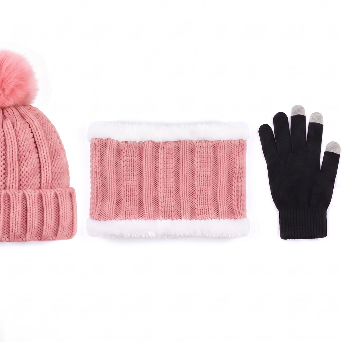 Muts Sjaal Handschoenen Set in Roze - studiofoto