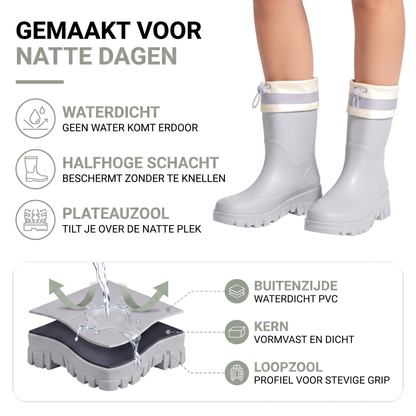 Waterdichte regenlaarzen dames met halfhoge schacht en plateauzool