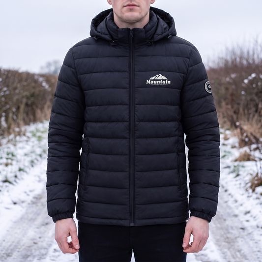 Heren winterjas met capuchon, gewatteerd in het zwart