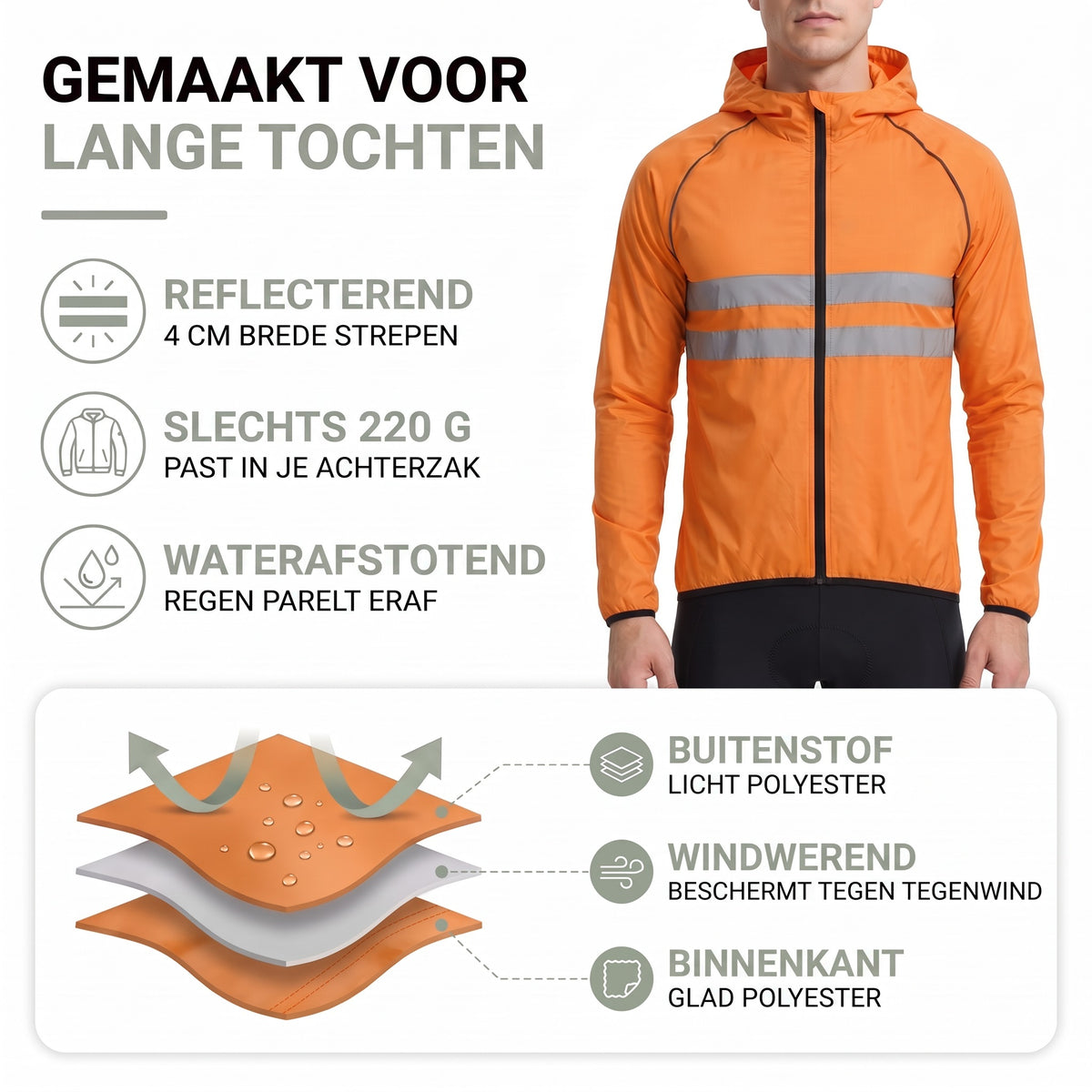 Materiaalopbouw van de opvouwbare fietsjas voor heren: licht polyester, windbescherming en gladde binnenkant