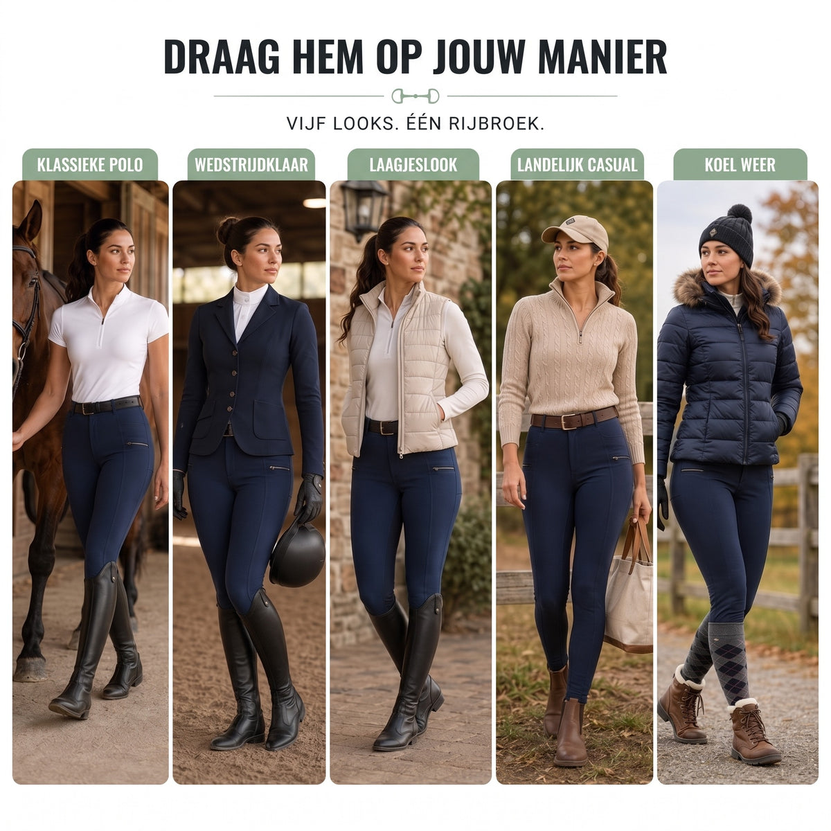 Rijbroek dames in marineblauw in vijf outfits gecombineerd