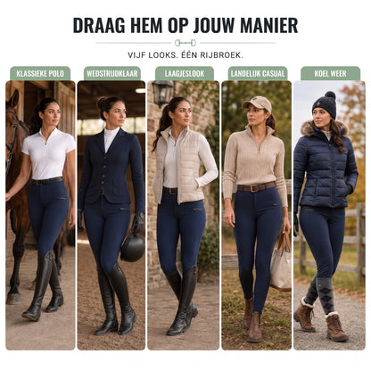 Rijbroek dames in marineblauw in vijf outfits gecombineerd