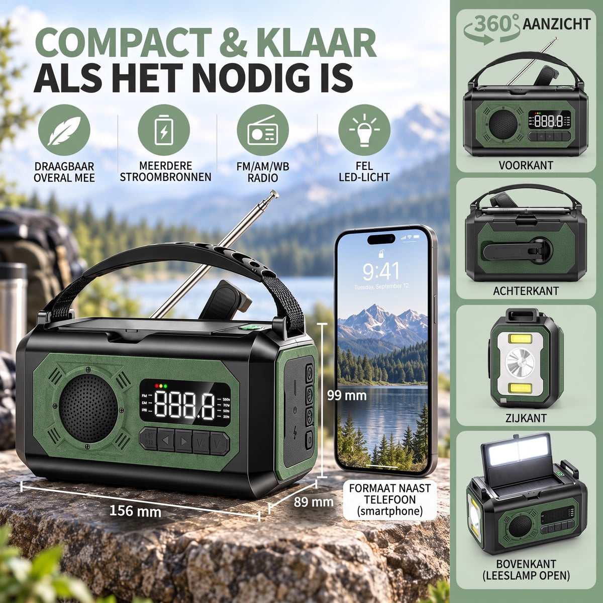 Noodradio compact: afmetingen 156 x 89 x 99 mm en aanzichten van alle kanten