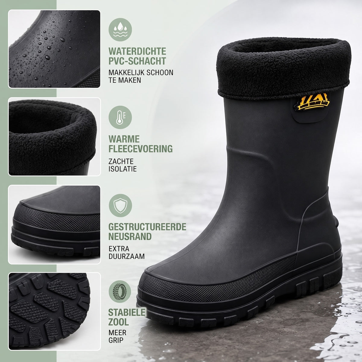 Gevoerde regenlaarzen – PVC-schacht, fleecevoering, neusrand en zool in detail