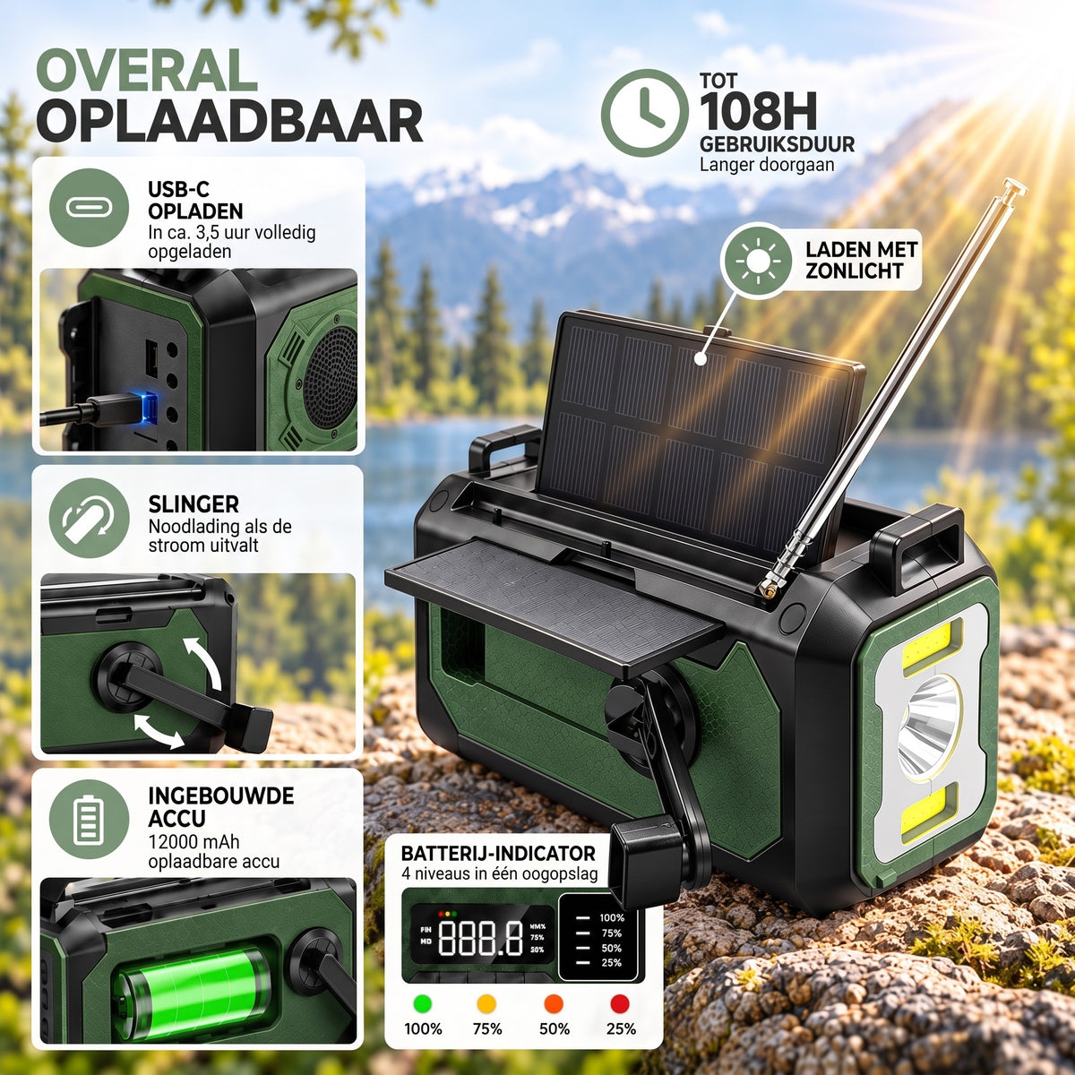Noodradio opladen via zonnepaneel, slinger en USB-C