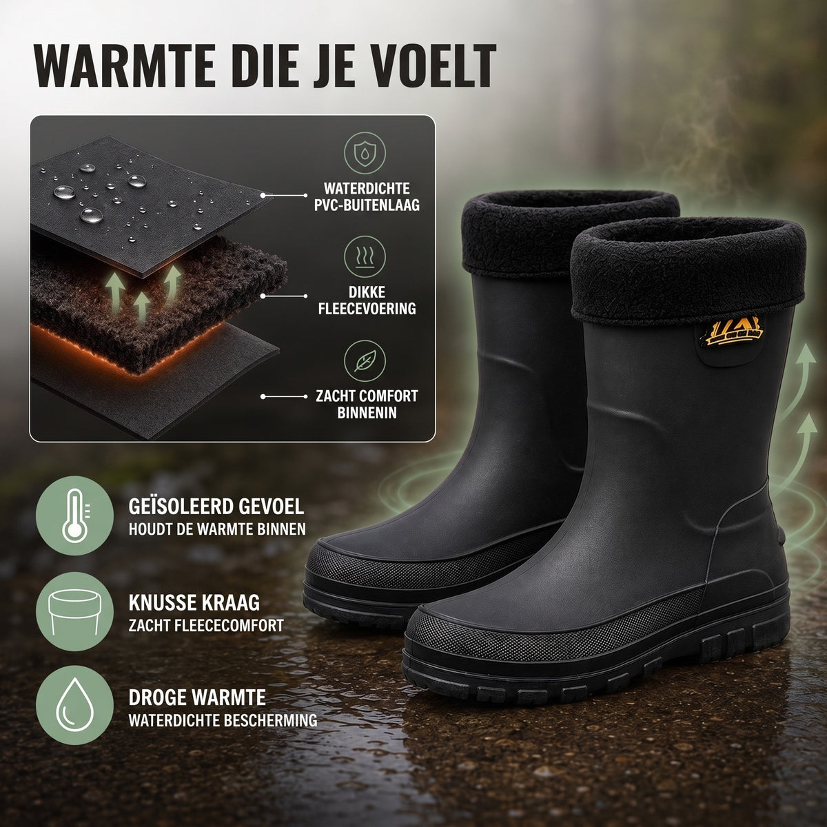 Gevoerde regenlaarzen – lagenopbouw met dikke fleecevoering