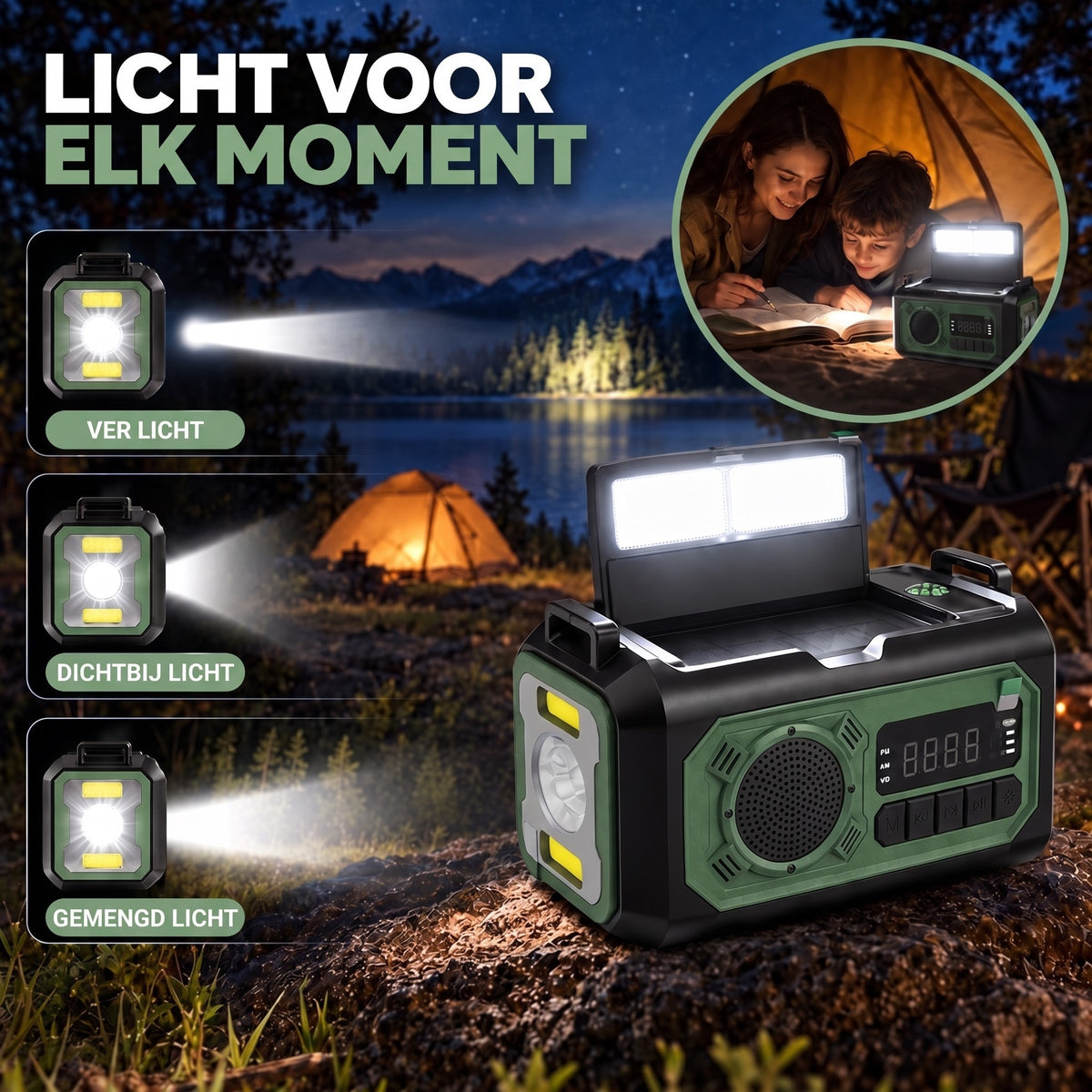 Noodradio zaklamp met drie lichtstanden en leeslamp in het donker