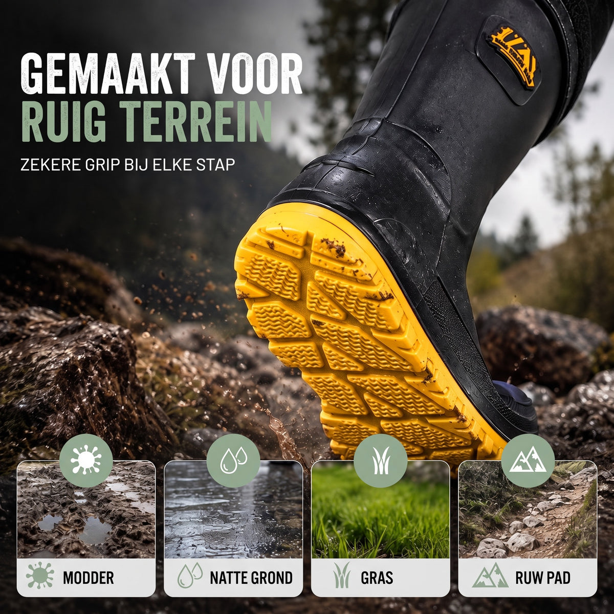Gevoerde regenlaarzen heren – profielzool op modder, gras en stenen