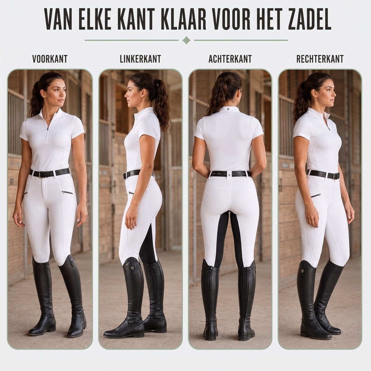 Rijbroek dames in wit van voren, achteren en beide zijkanten