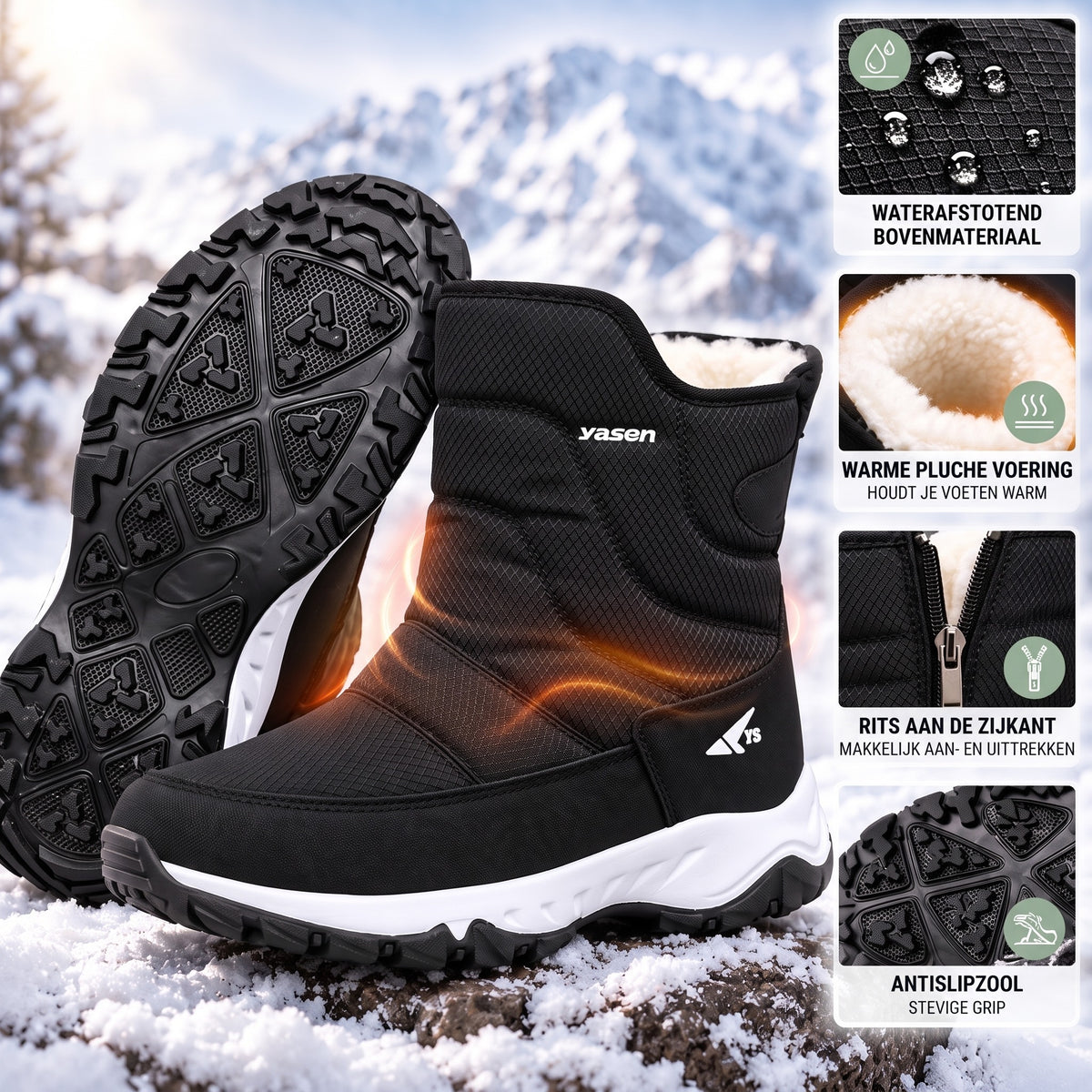 Winterlaarzen heren in zwart – details van bovenmateriaal, voering en zool