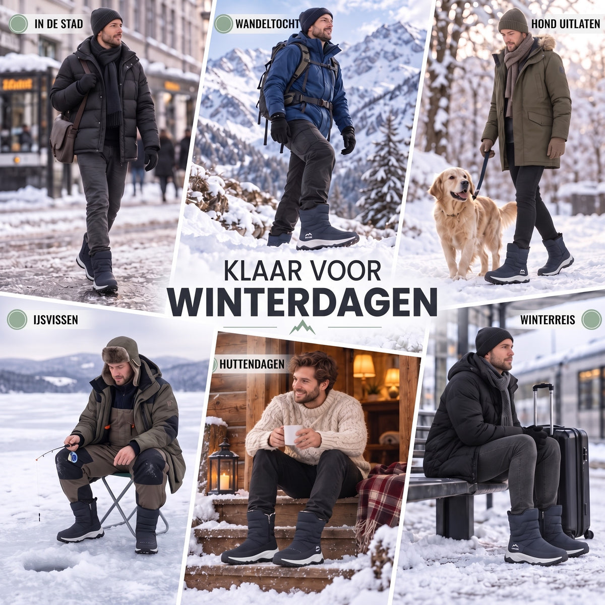Winterlaarzen heren in gebruik: stad, wandelen, hond, ijsvissen, hut, reis