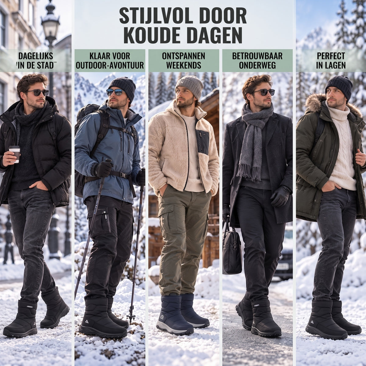 Winterlaarzen heren gecombineerd in vijf winteroutfits