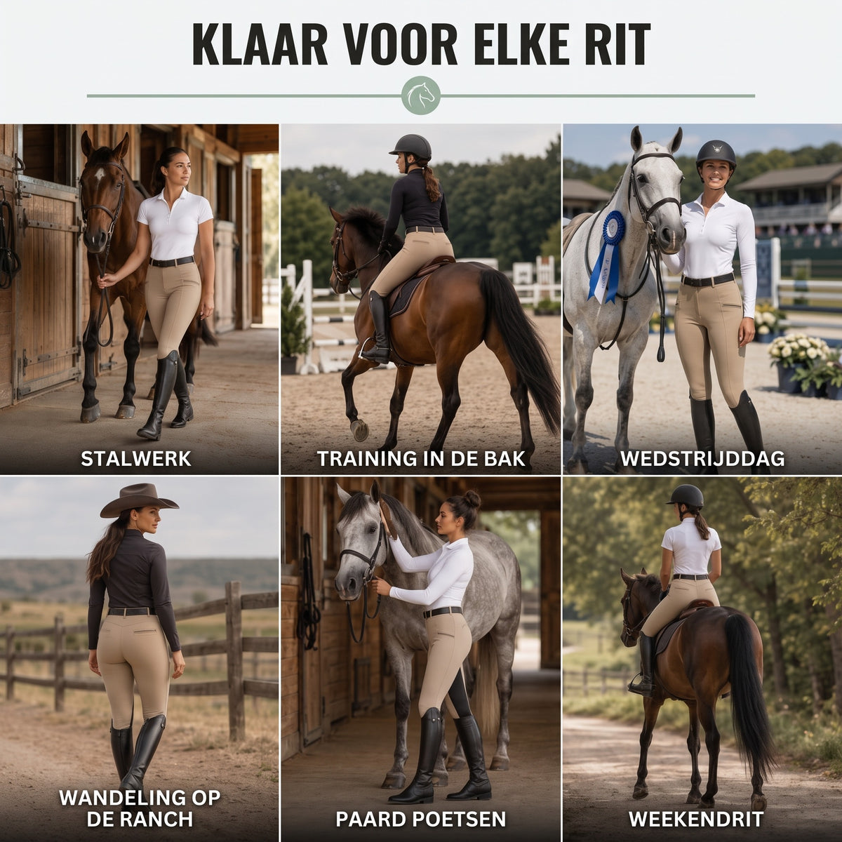 Rijbroek dames in gebruik: stalwerk, training, wedstrijd en buitenrit