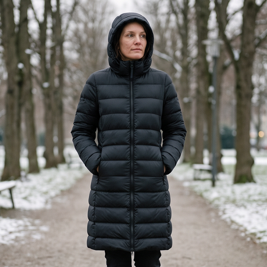 Lange Winterjas Dames met Dons – in gebruik buiten