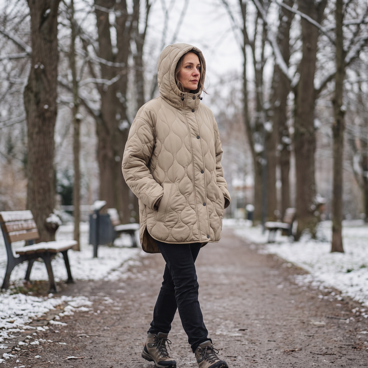 Gewatteerde Lange Jas Dames – in gebruik buiten