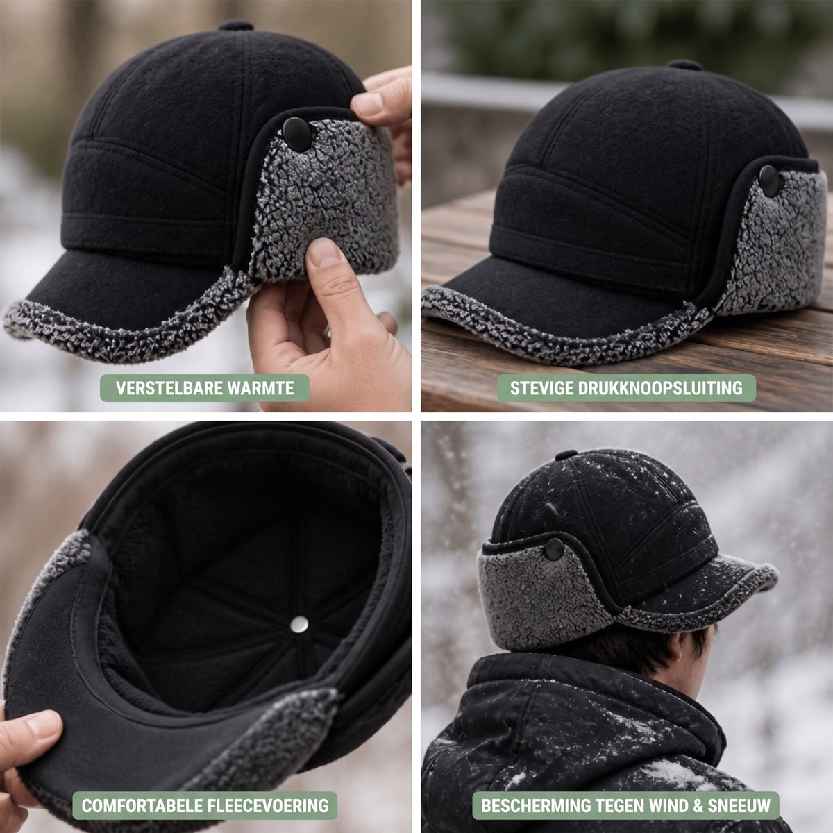 Wintermuts met Klep - Pet met Oorflappen - Fleecevoering & Nekflap – 4