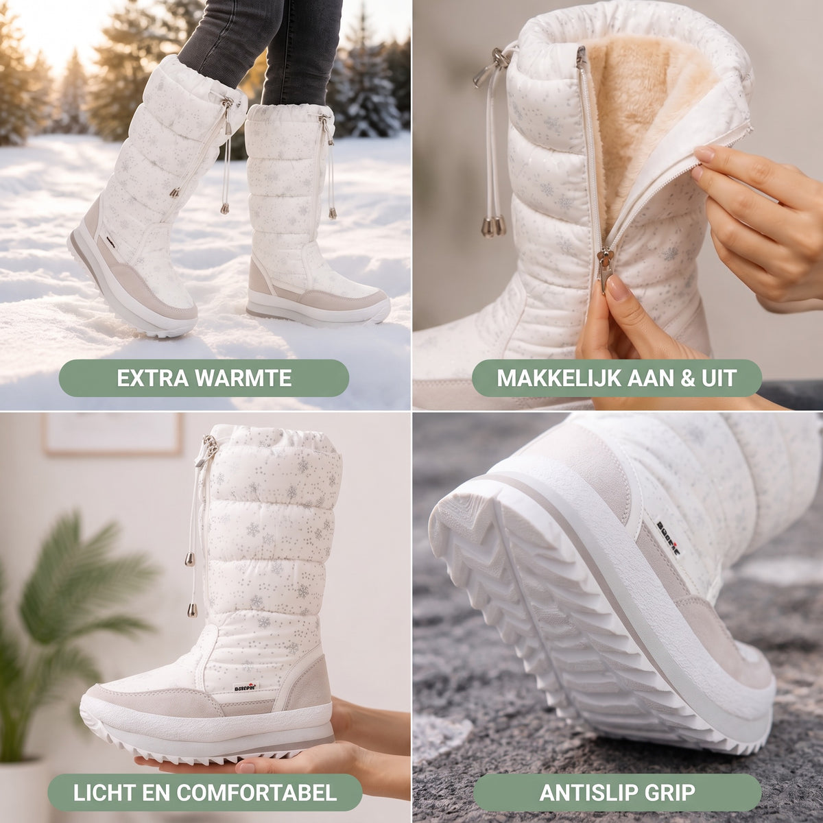 Snowboots dames in gebruik – in de sneeuw, rits met pluche voering, lichtgewicht en profielzool