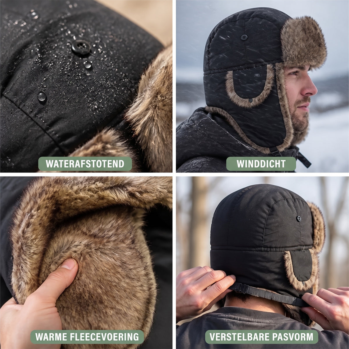 Bontmuts met oorflappen in detail – waterafstotend, winddicht, warme voering en verstelbare pasvorm