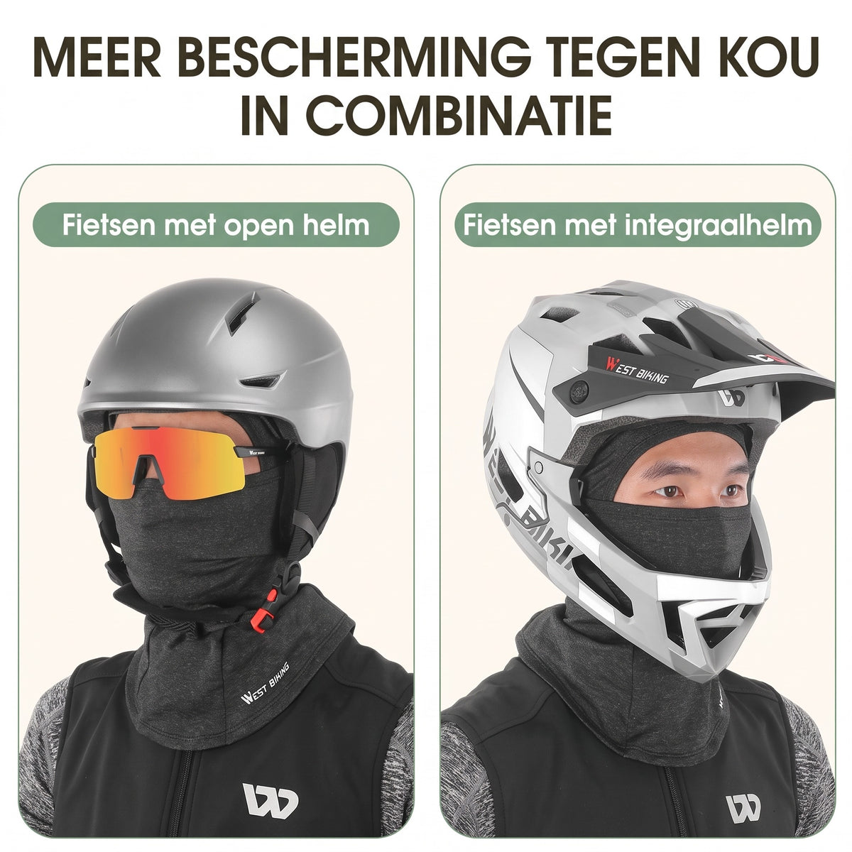 Balaclava bivakmuts onder een open helm en een integraalhelm – meer bescherming tegen kou