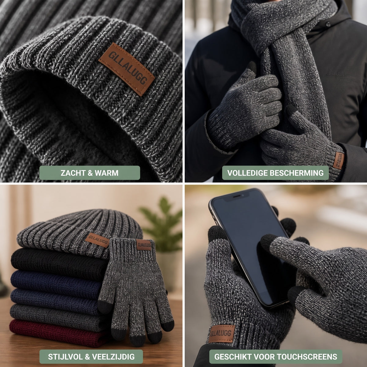 Muts heren set – zacht & warm, volledige bescherming, stijlvol & veelzijdig, handschoenen geschikt voor touchscreens