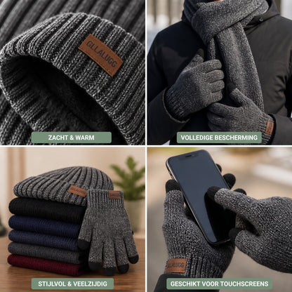 Muts heren set – zacht & warm, volledige bescherming, stijlvol & veelzijdig, handschoenen geschikt voor touchscreens