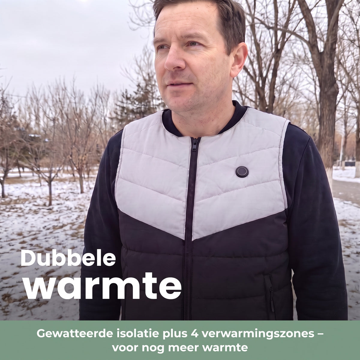 Verwarmde bodywarmer gedragen – gewatteerde isolatie plus 4 verwarmingszones
