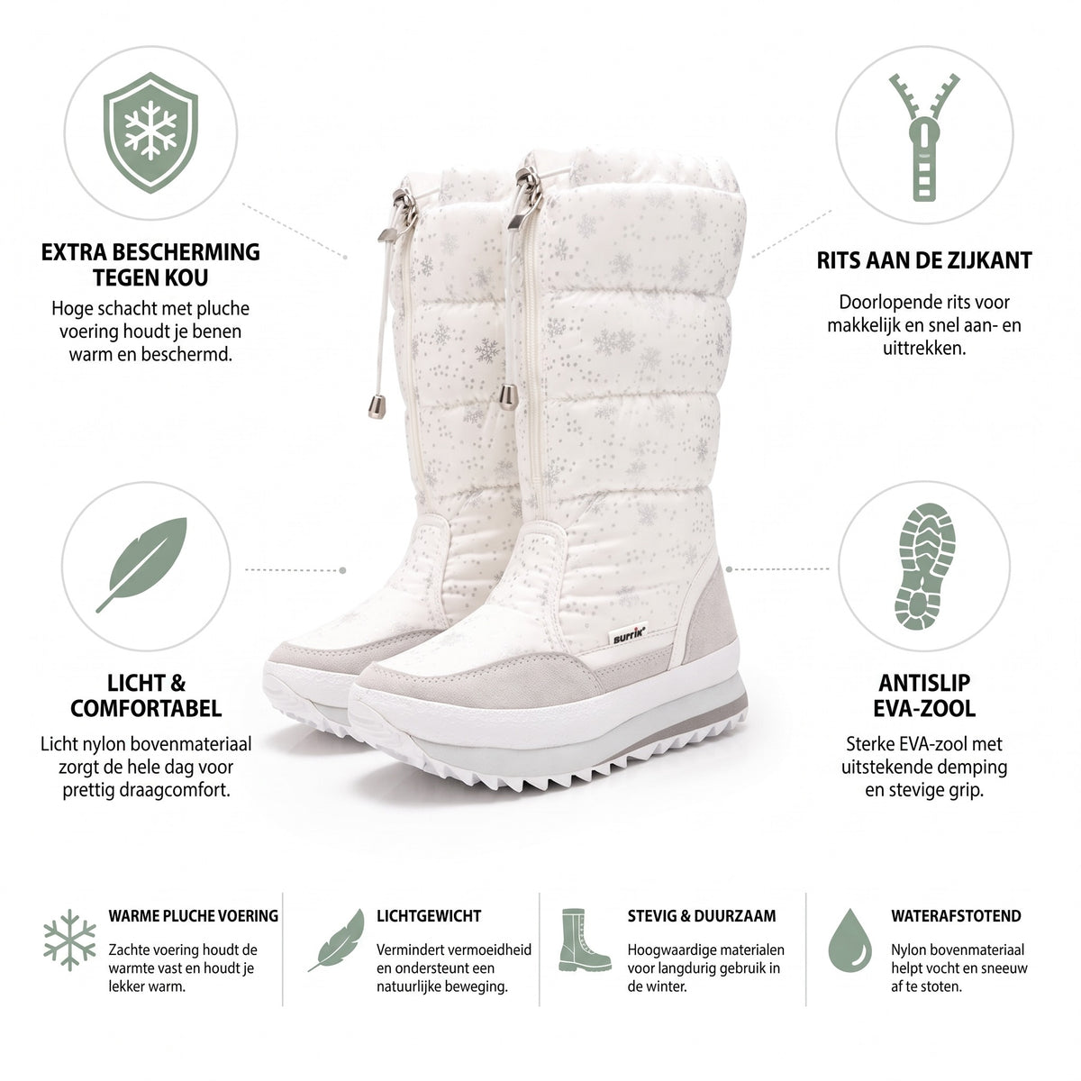 Snowboots dames met pluche voering – overzicht van de eigenschappen: bescherming tegen kou, rits, EVA-zool, waterafstotend nylon