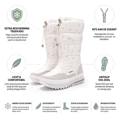Snowboots dames met pluche voering – overzicht van de eigenschappen: bescherming tegen kou, rits, EVA-zool, waterafstotend nylon
