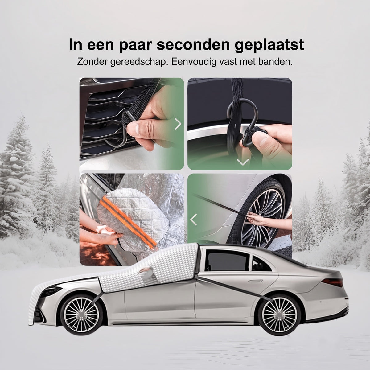 Voorruitbeschermer in een paar seconden geplaatst – banden met haken aan wiel en grille
