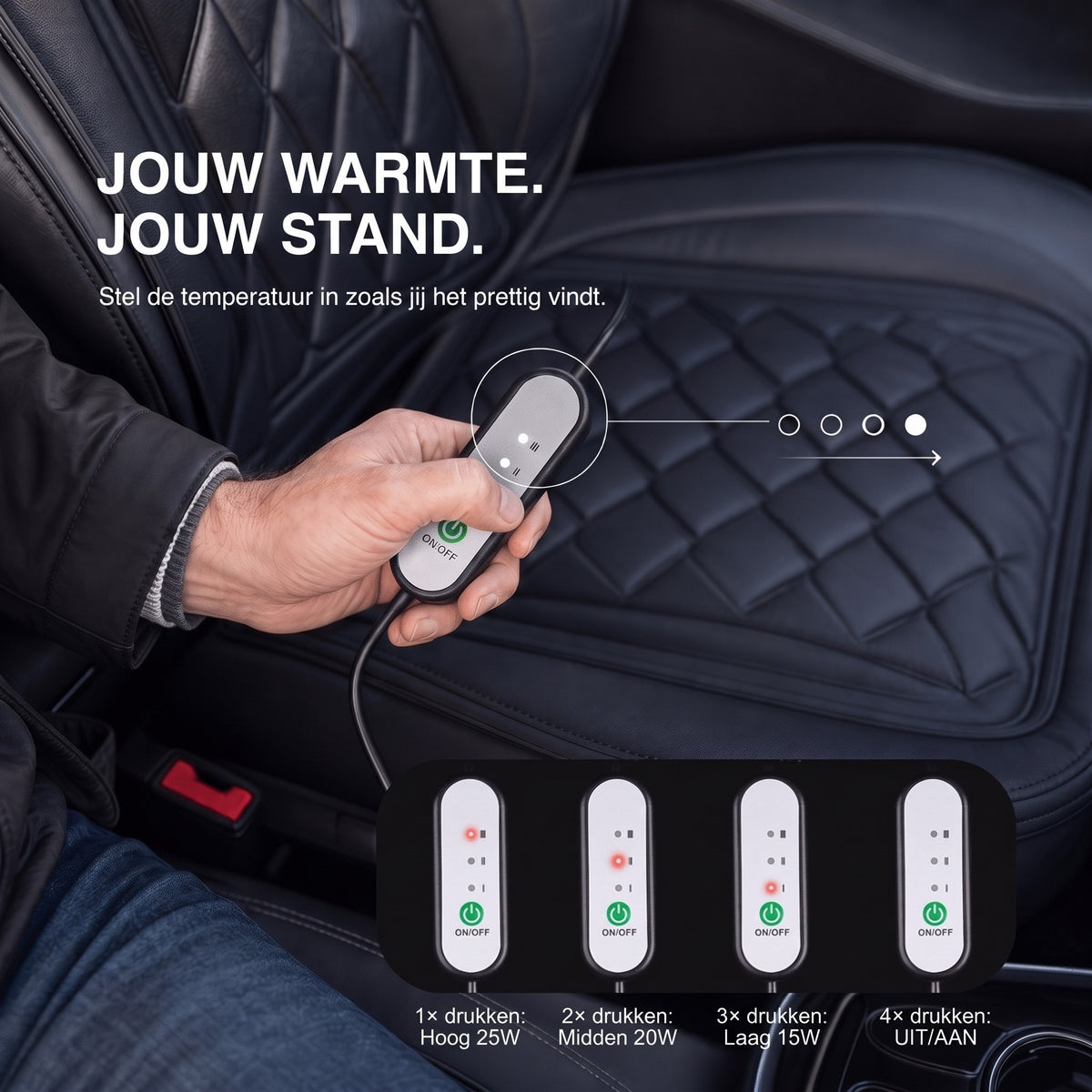Stoelverwarming auto – bediening met standen 25, 20 en 15 W