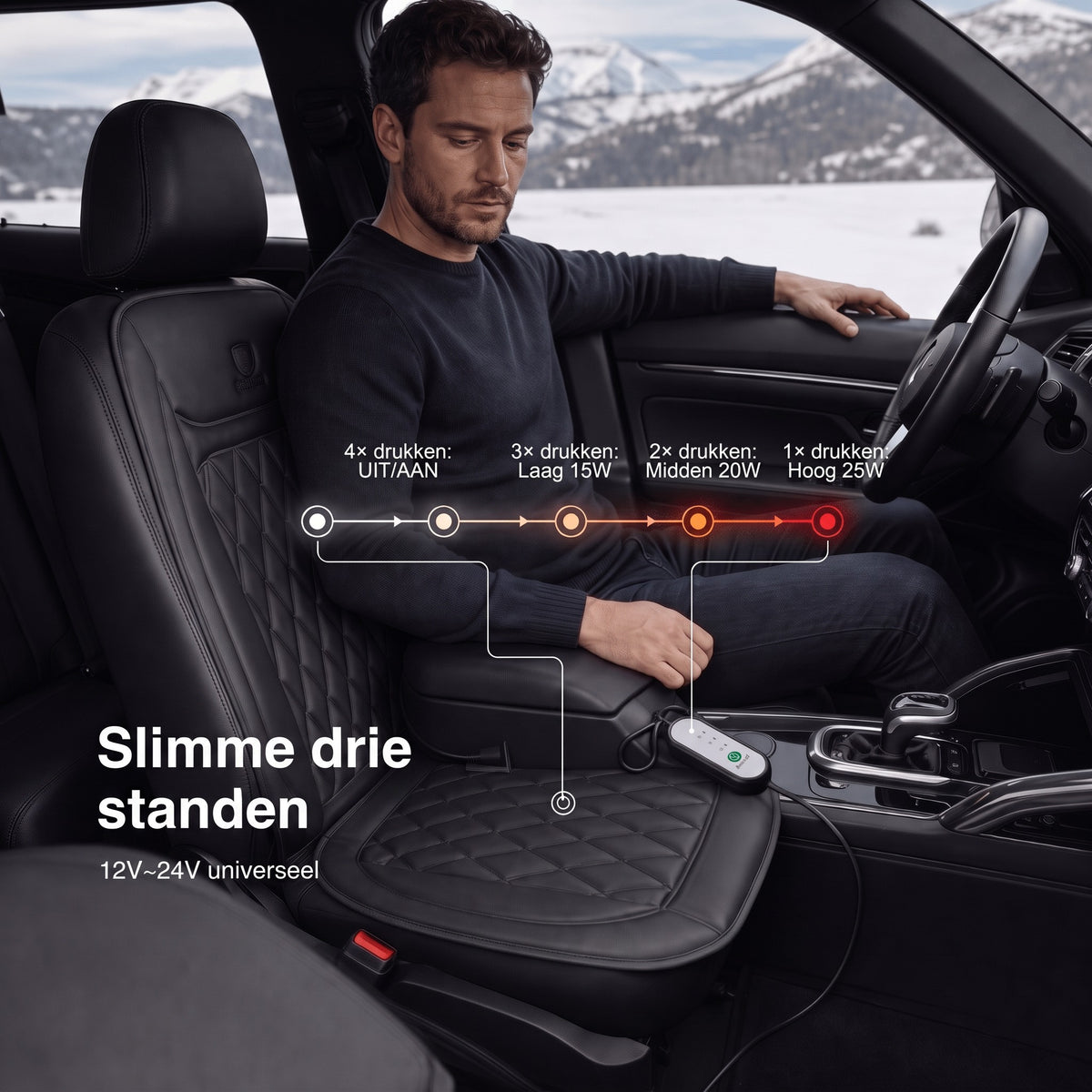Verwarmde autostoelhoes – drie standen, 12V tot 24V