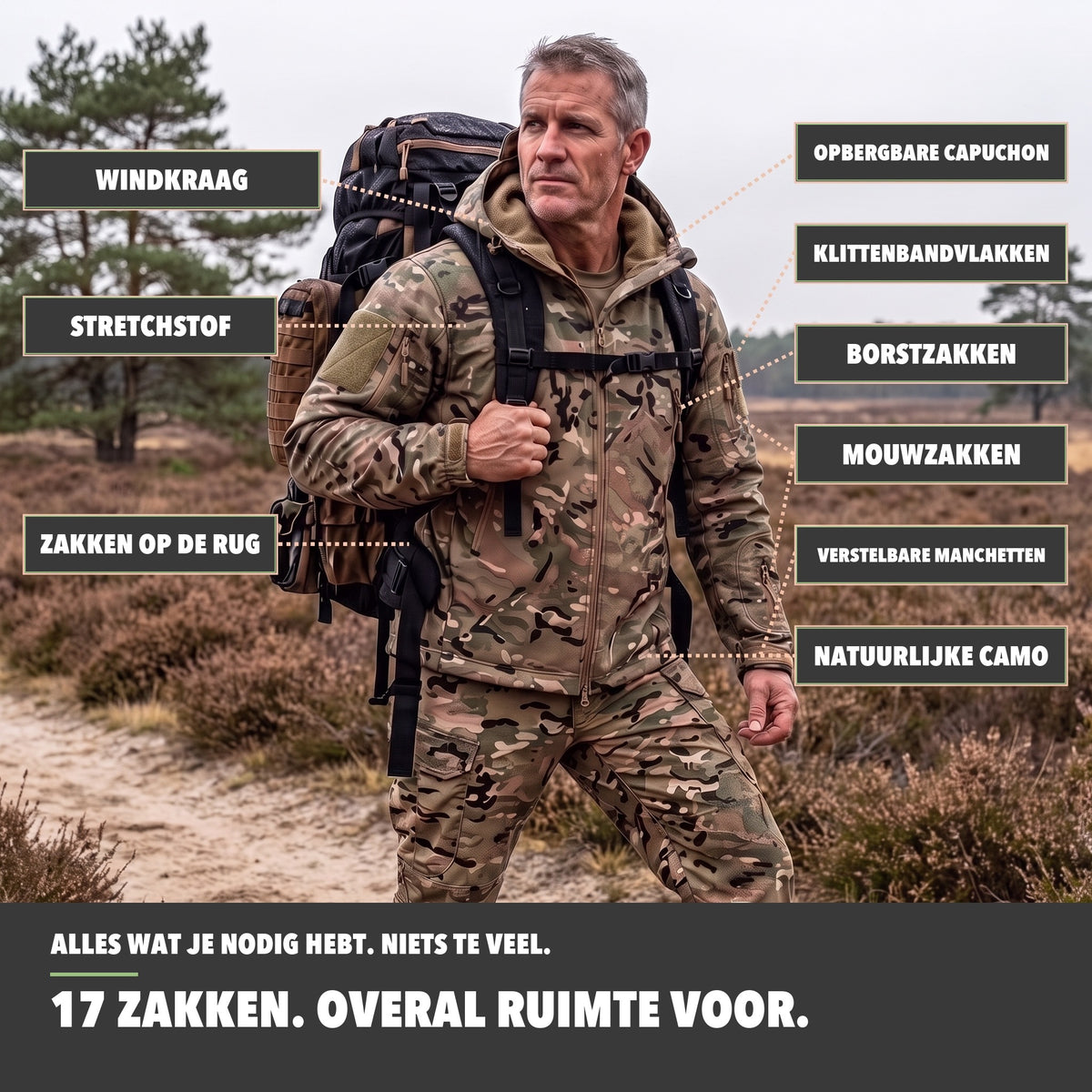 Softshell Jas Heren Camouflage – 17 zakken in één oogopslag