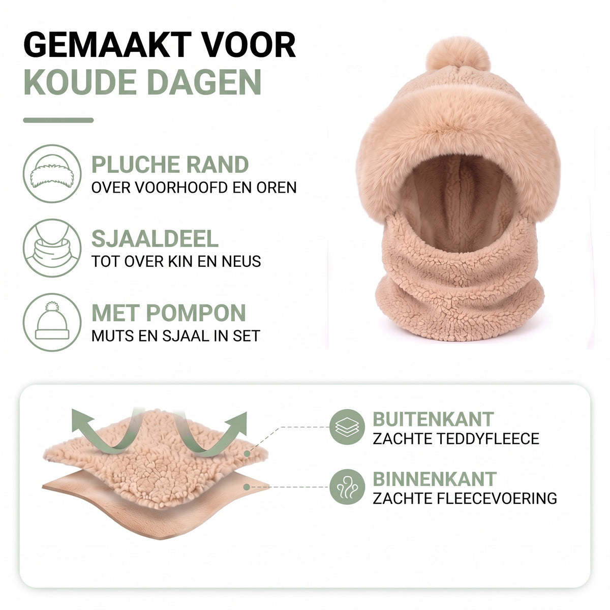 Muts met sjaal dames – materiaalkaart: pluche rand, sjaaldeel, pompon, buiten teddyfleece, binnen fleecevoering