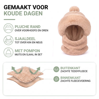 Muts met sjaal dames – materiaalkaart: pluche rand, sjaaldeel, pompon, buiten teddyfleece, binnen fleecevoering