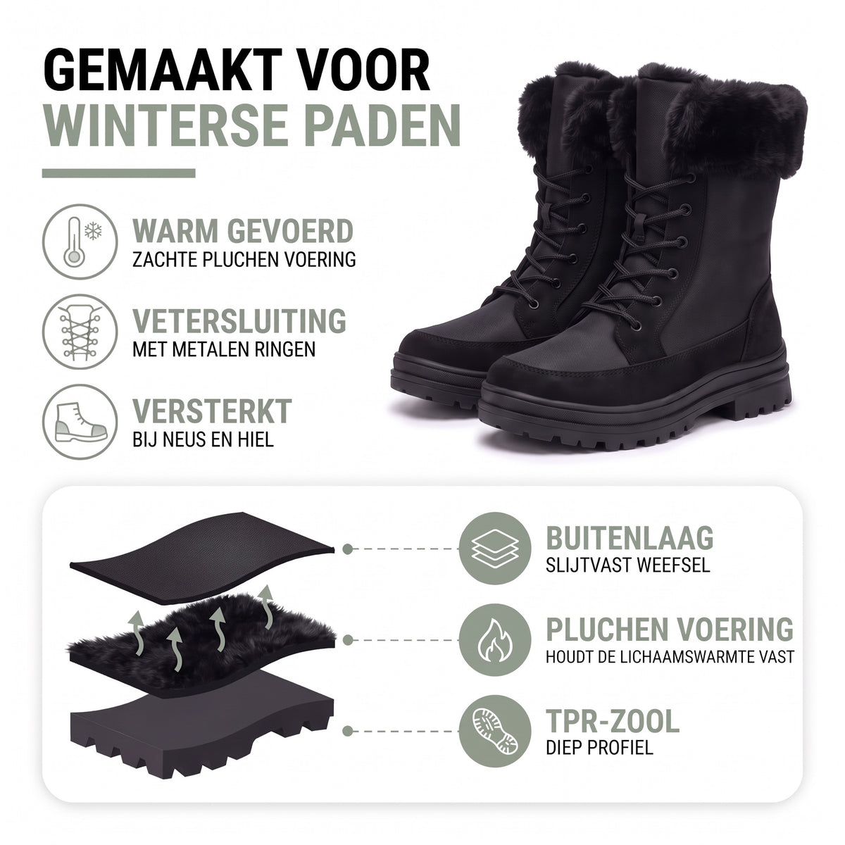 Snowboots dames – opbouw: slijtvast weefsel, pluchen voering en TPR-zool met diep profiel