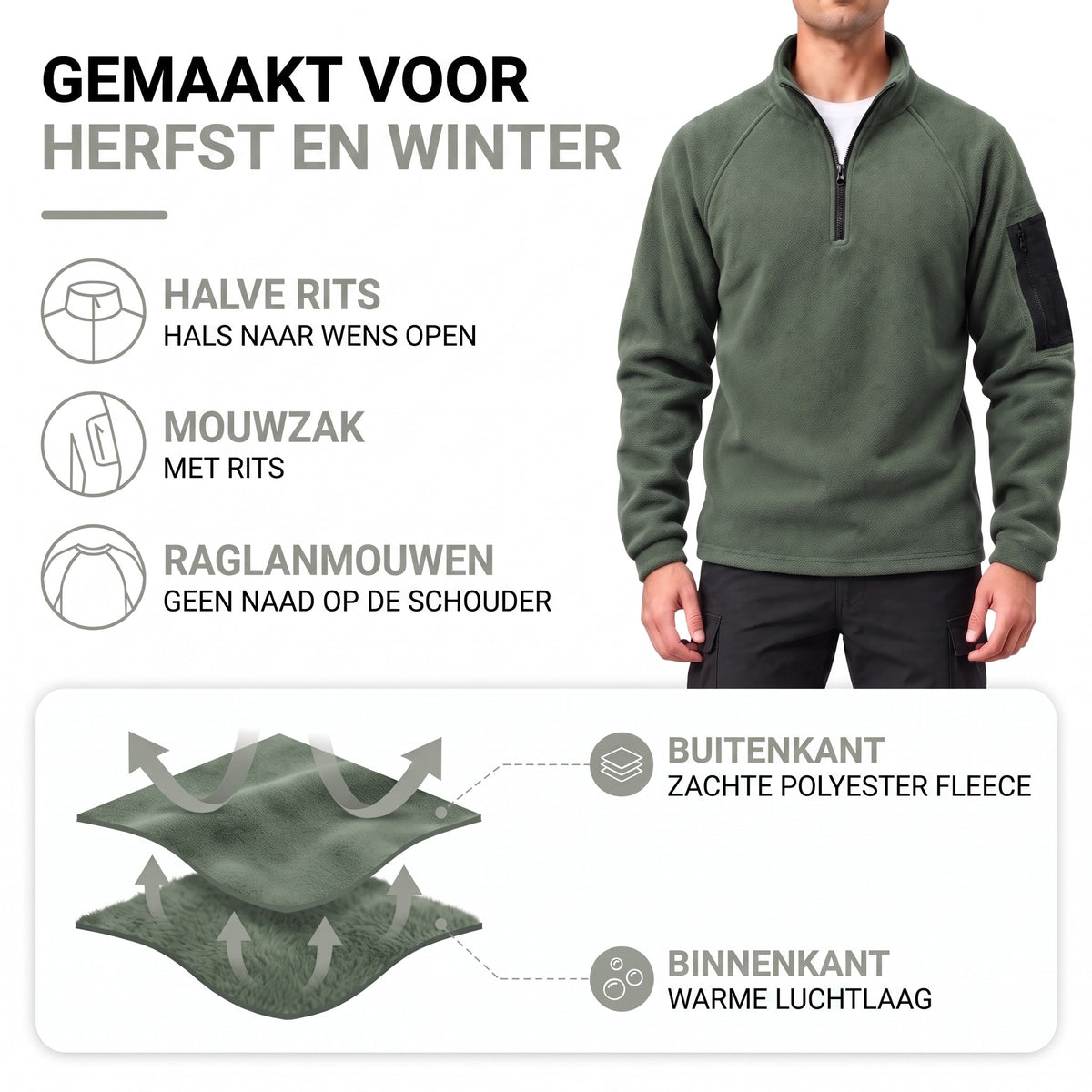 Fleece trui heren – materiaal: zachte polyester fleece, halve rits, mouwzak