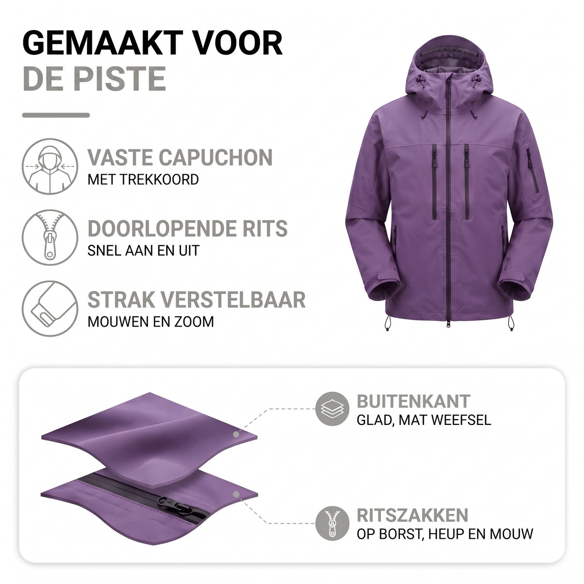 Ski jas met capuchon – opbouw, buitenstof en ritszakken in één overzicht