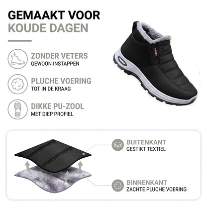 Winterschoenen dames & heren in één oogopslag: zonder veters, pluche voering tot in de kraag, dikke PU-zool met profiel