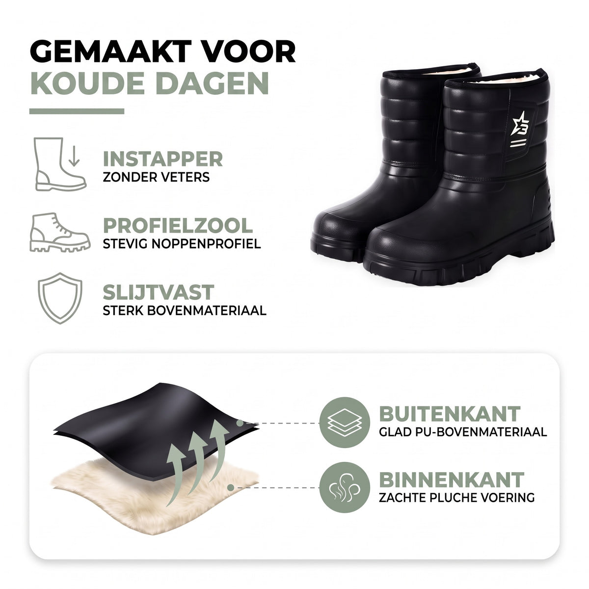 Snowboots heren: instapper, profielzool, slijtvast, glad PU buiten en pluche voering binnen