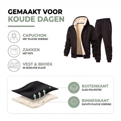 Trainingspak heren opbouw: buitenkant glad polyester, binnenkant zachte pluche voering