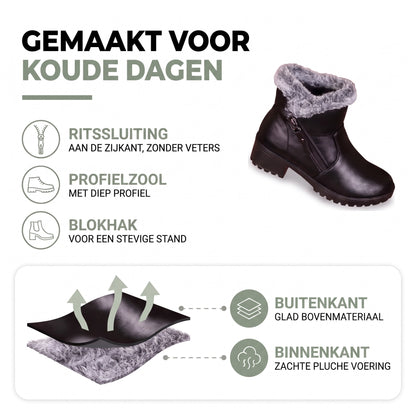 Gevoerde winterlaarzen dames: ritssluiting, profielzool, blokhak, glad bovenmateriaal en pluche voering