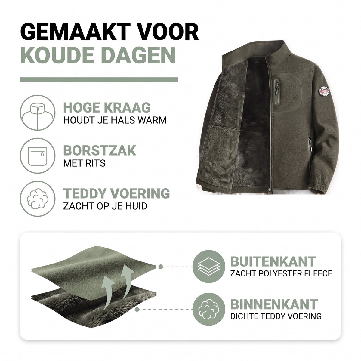 Fleece vest heren opbouw: buiten polyester fleece, binnen dichte teddy voering