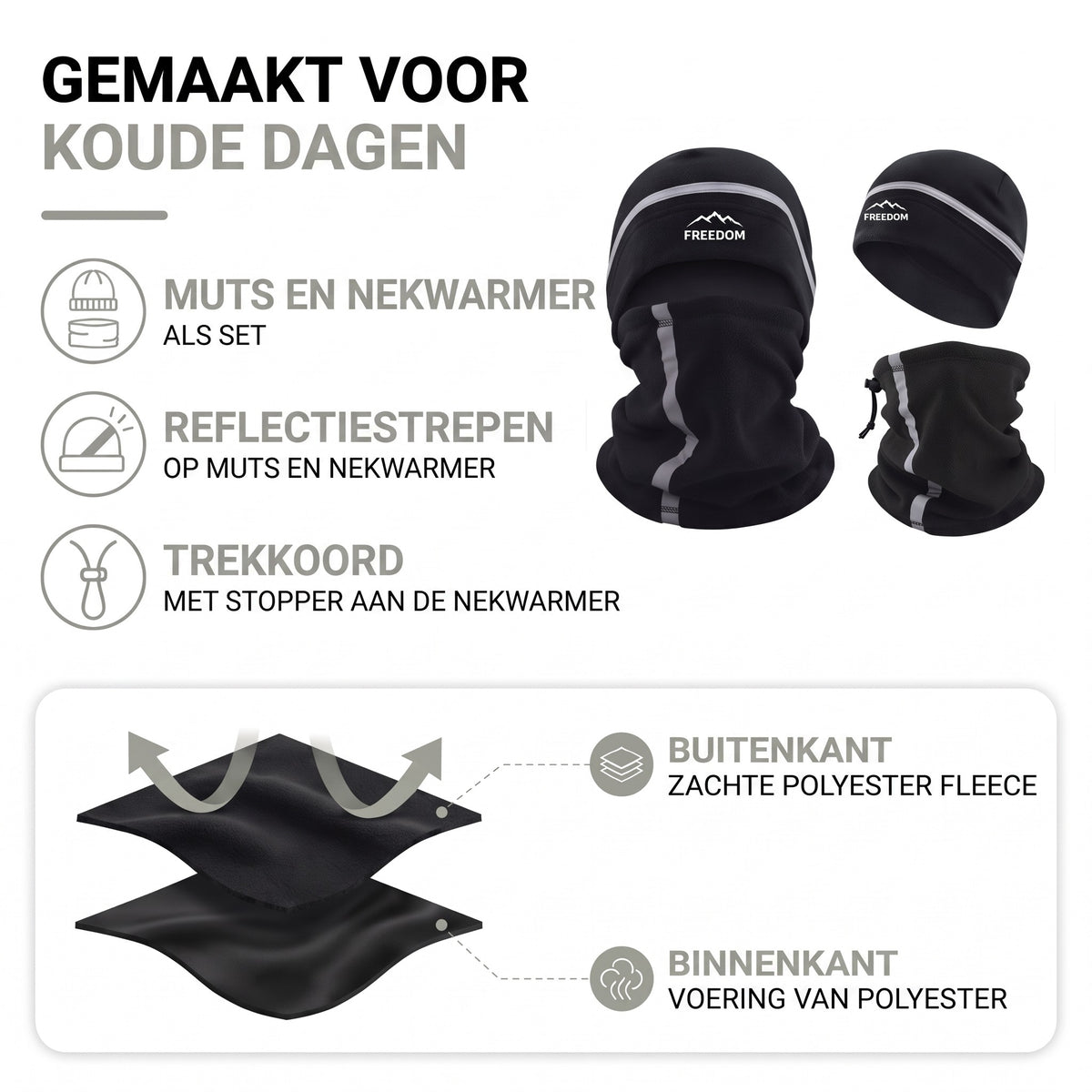 Nekwarmer en muts set opbouw: zachte polyester fleece buiten, voering van polyester binnen