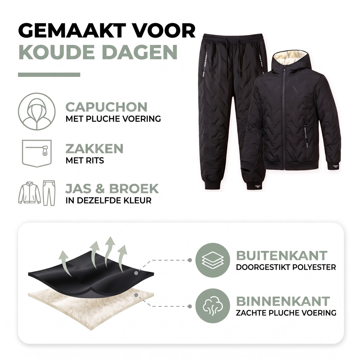 Trainingspak heren opbouw: buitenkant doorgestikt polyester, binnenkant zachte pluche voering
